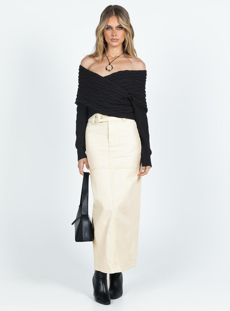 Front view of model wearing  front Markanna Denim Midi Skirt Cream Princess Polly  Midi Skirts 