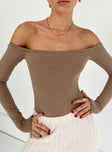 front view of model wearing Princess Polly Weaver Off Shoulder Bodysuit Full Sleeves straight 