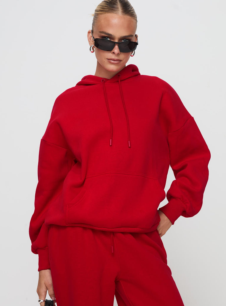 front view of model wearing Princess Polly Dream Fleece Classic Hoodie Red Long 