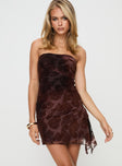 front view of model wearing Princess Polly Donelli Mini Dress Brown Paisley Straight Neck 