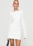 back view of model wearing Princess Polly Carters Long Sleeve Mini Dress White Crew Neck 