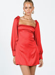 Front view of model wearing  front Princess Polly Square Neck  Cottee Satin Mini Dress Red