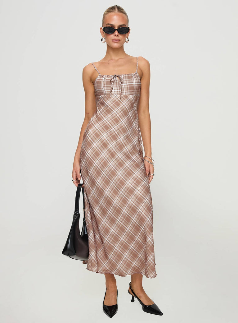 side view of model wearing Princess Polly Wallin Maxi Dress Brown Check Square Neck 