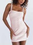 Front view of model wearing  front Princess Polly Square Neck  Hyatt Mini Dress Pink