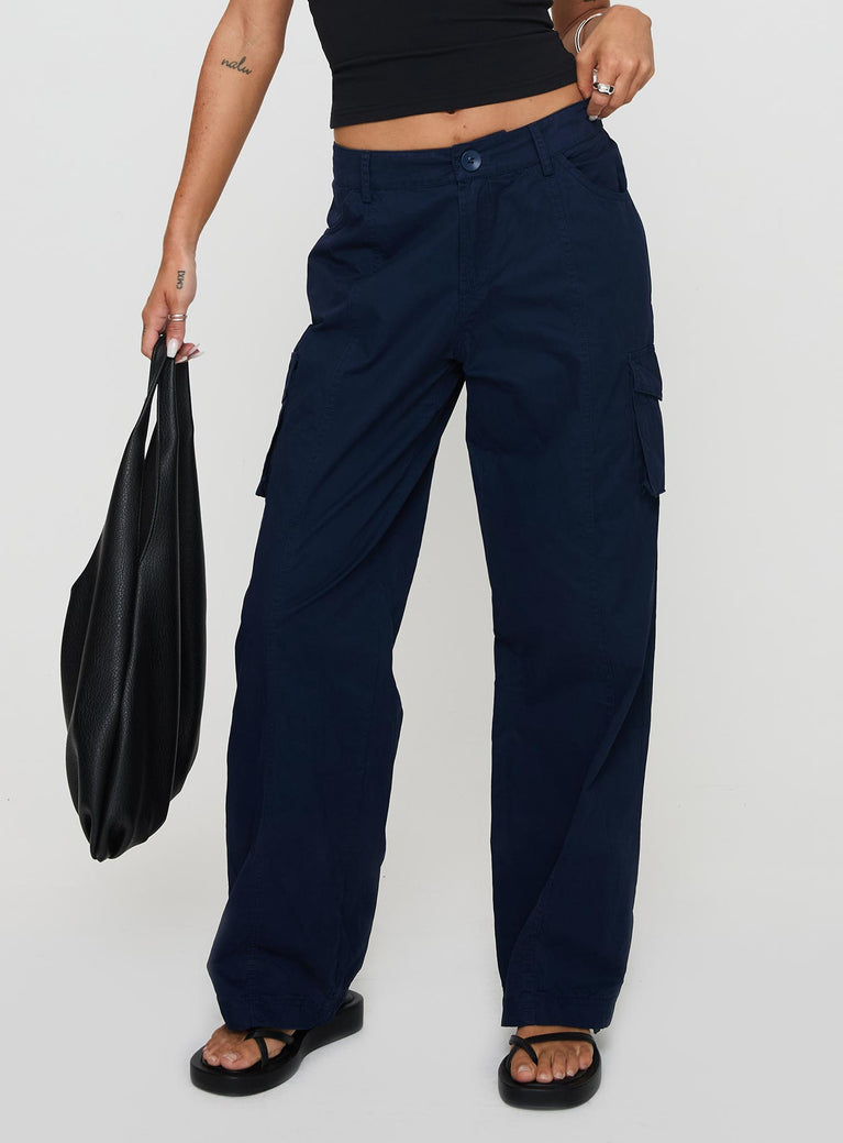 back view of model wearing Princess Polly Major General Cargo Pant Navy Low Rise Pants 