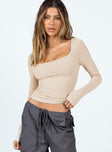 Front view of model wearing  front Princess Polly Full Sleeves Asymmetric Neckline  Arthie Long Sleeve Top Beige