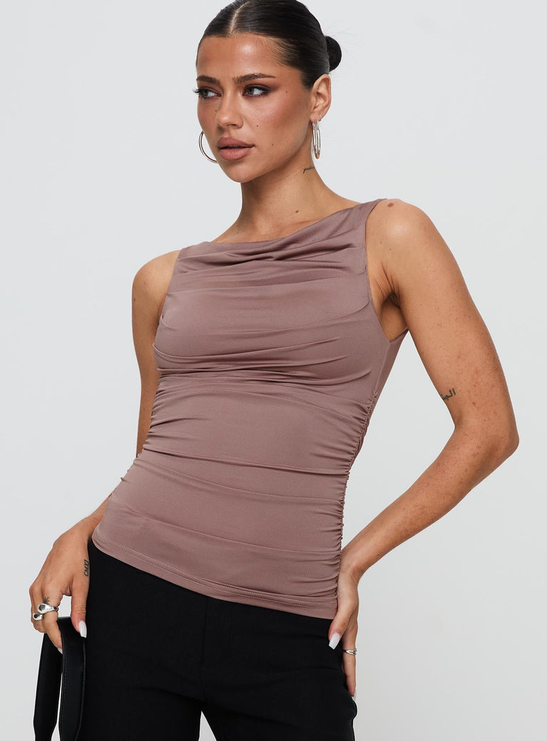 front view of model wearing Princess Polly Kind To Another Ruched Top Mauve Sleeveless Cowl 