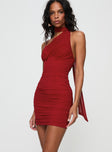 side view of model wearing Princess Polly Corentine Mini Dress Red Asymmetric Neckline 