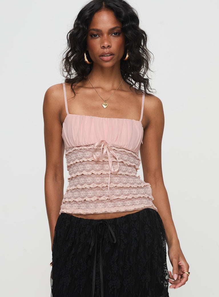 front view of model wearing Princess Polly Alfredo Top Pink Sleeveless Square Neck 