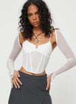 Front view of model wearing  front Princess Polly Full Sleeves Square Neck  Archo Mesh Corset White