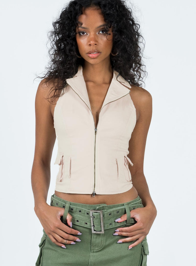 Front view of model wearing  front Princess Polly Sleeveless Square Neck  Wadi Cargo Vest Top Bone