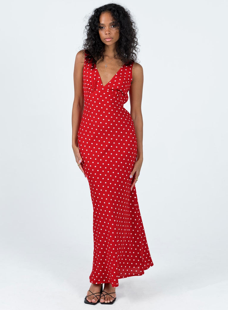 Front view of model wearing  front Princess Polly V-Neck  Nellie Maxi Dress Red Polka Dot