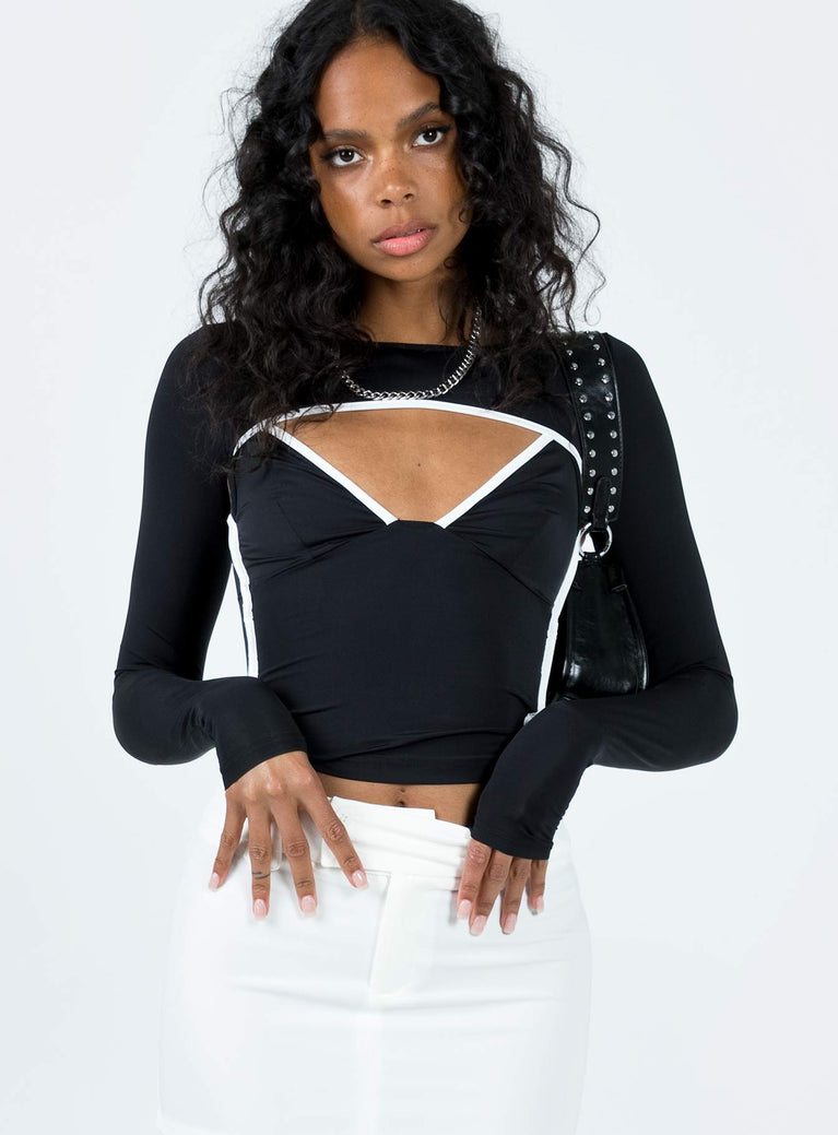 Front view of model wearing  front Princess Polly Full Sleeves Sweetheart  Patstone Two Piece Top Black