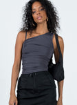 Front view of model wearing  front Princess Polly Sleeveless Asymmetric Neckline  Kellick Top Slate