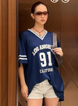 front view of model wearing Princess Polly Michail Jersey Dress Navy V-Neck 