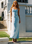 front view of model wearing Princess Polly Sugarina Lace Maxi Dress Blue Cowl Neck 