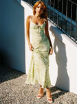 back view of model wearing Princess Polly Lauraline Maxi Dress Green / Floral Plunger 