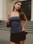 front view of model wearing Princess Polly Strutter Strapless Top Slate Sleeveless straight 