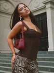 side view of model wearing Princess Polly Kyrie Longline Corset Top Brown Sleeveless Sweetheart 