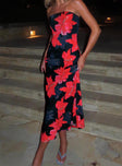 front view of model wearing Princess Polly Celik Strapless Maxi Dress Black / Floral Straight Neck 