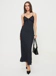 back view of model wearing Princess Polly Emily Maxi Dress Black Polka Dot V-Neck 