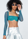 front view of model wearing Princess Polly Becca Long Sleeve Crop Top Teal 