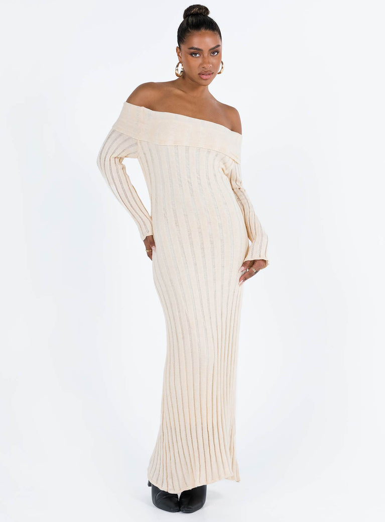 product Princess Polly Crew Neck  Lefler Off The Shoulder Maxi Dress Beige