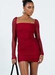 product Princess Polly Asymmetric Neckline  Charvi Long Sleeve Mini Dress Burgundy