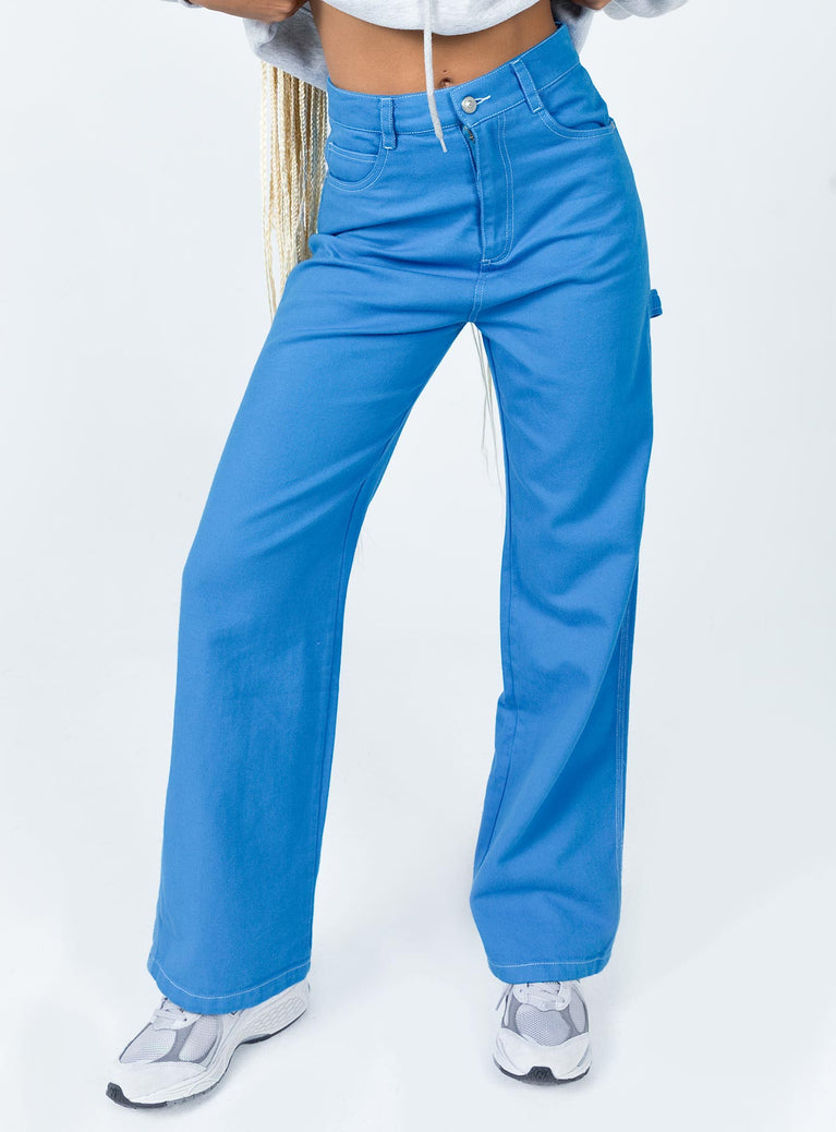 front view of model wearing Princess Polly Leisure Straight Leg Jeans Blue High Waisted 