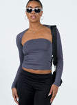 Front view of model wearing  front Princess Polly Full Sleeves Square Neck  Deandra Top Navy