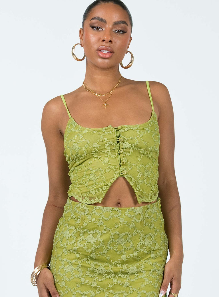 Front view of model wearing  front Princess Polly Sleeveless Square Neck  Basildon Top Green