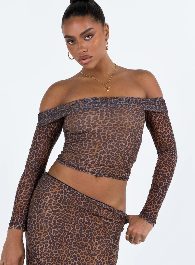 product Princess Polly Three Fourth Sleeves Asymmetric Neckline  Motel Nagini Bardot Top Mesh Leopard