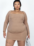 Front view of model wearing  front Princess Polly High Neck  Charvi Long Sleeve Mini Dress Tan Curve