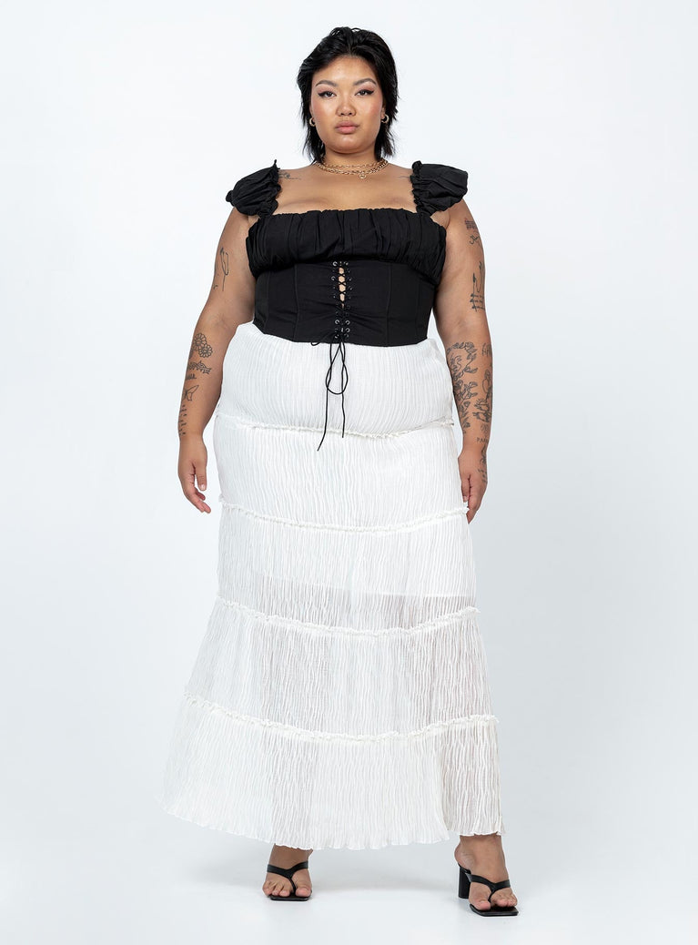 Front view of model wearing  front Sun Down Mid Rise Maxi Skirt Curve White Princess Polly  Maxi 