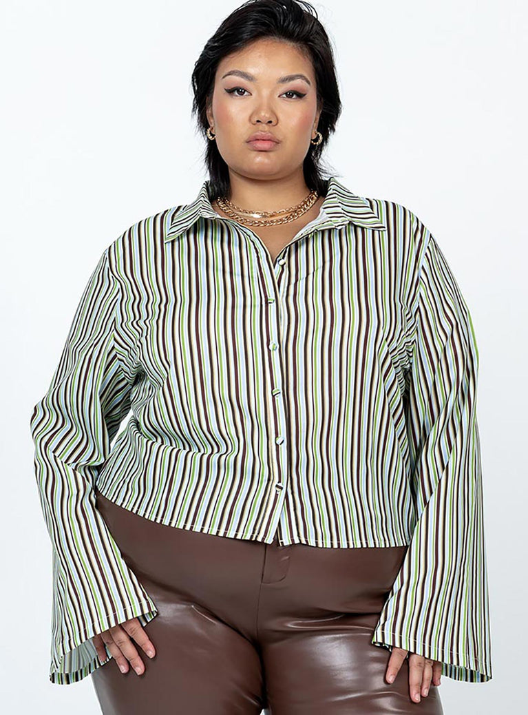 Front view of model wearing  front Princess Polly Full Sleeves High Neck  Anni Stripe Shirt Multi Curve