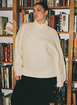 front view of model wearing Princess Polly Judson Roll Neck Cable Knit Sweater Cream Curve regular 