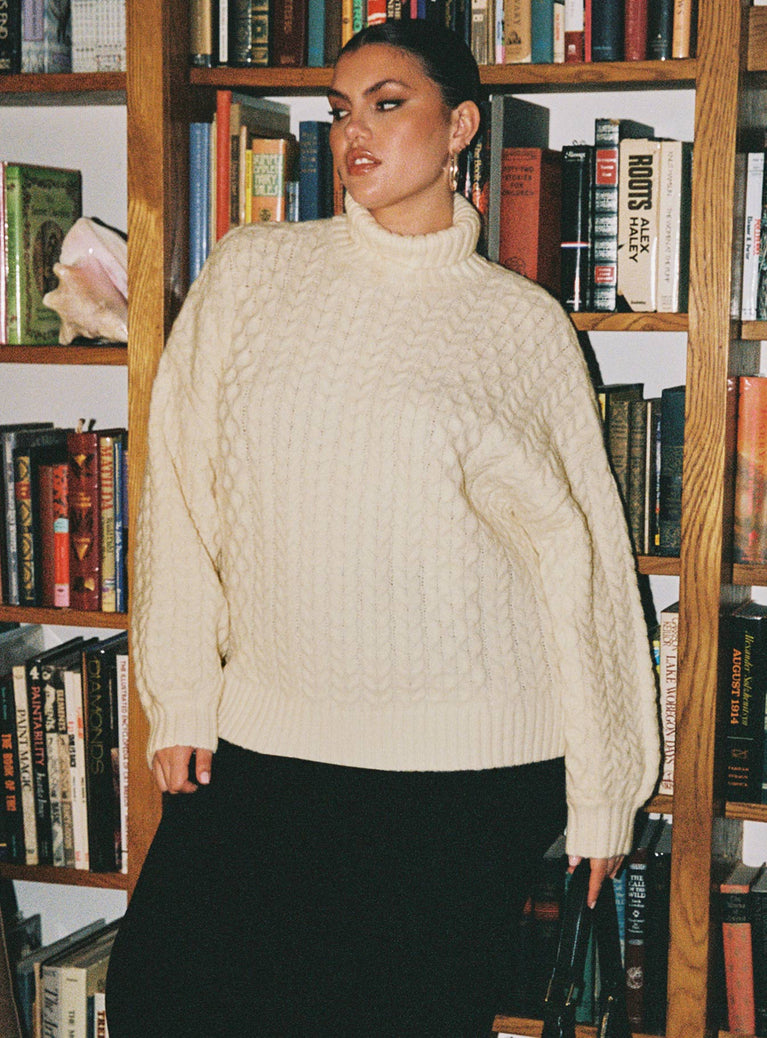 front view of model wearing Princess Polly Judson Roll Neck Cable Knit Sweater Cream Curve regular 