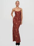 front view of model wearing Princess Polly Bombay Bias Maxi Dress Rust Sweetheart Neckline 