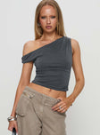 front view of model wearing Princess Polly Danette One Shoulder Top Slate Sleeveless Asymmetric Neckline 