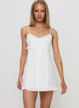 front view of model wearing Princess Polly Missin Frill Mini Dress White Sweetheart Neckline 