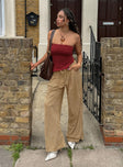 side view of model wearing Princess Polly Slouched Tie Up Pant Latte Low Rise Pants 