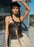 front view of model wearing Princess Polly Afraid Strapless Faux Leather Top Brown Sleeveless straight 