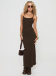 side view of model wearing Princess Polly Kattan Maxi Dress Chocolate Scoop Neck 