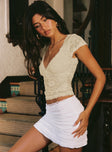 front view of model wearing Princess Polly Most Ardently Lace Top Cream Short Sleeves V-Neck 