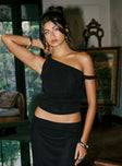 side view of model wearing Princess Polly Messenger One Shoulder Top Black Sleeveless Asymmetric Neckline 