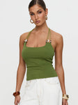 front view of model wearing Princess Polly Roller Coaster Bead Detail Top Green Sleeveless Scoop Neck 