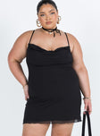 Front view of model wearing  front Princess Polly Square Neck  Sugar Mini Dress Black Curve