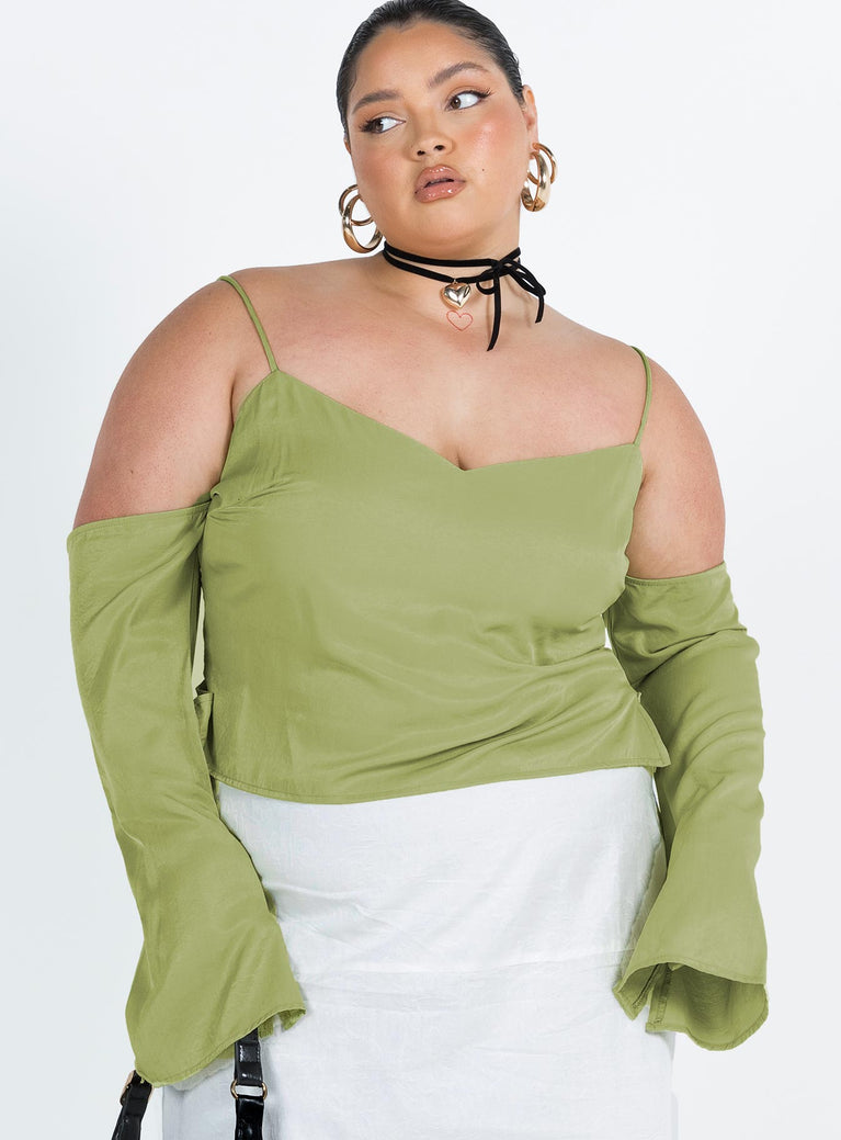 Front view of model wearing  front Princess Polly Full Sleeves Cowl  Cold Shoulder Top Green Curve