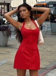 front view of model wearing Princess Polly Mallorie Halter Mini Dress Red Scoop Neck 