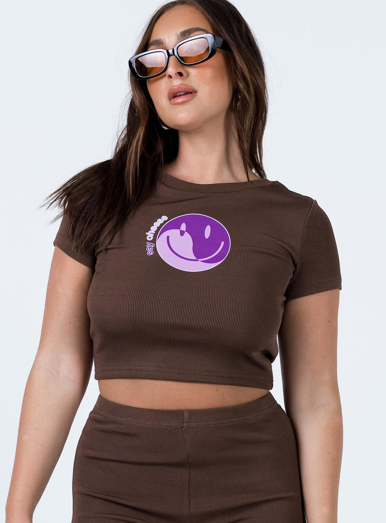 front view of model wearing Princess Polly Say Cheese Tee Brown 